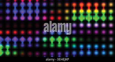Vibrant multicolored led light display on a black background with rows of glowing dots Stock Vector