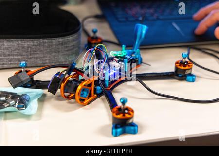 Close-up of a custom-built FPV drone in progress during hands-on training in the Operator Drone Basic Course at Eglin AFB, Florida, Jan. 23, 2026. Fea Stock Photo