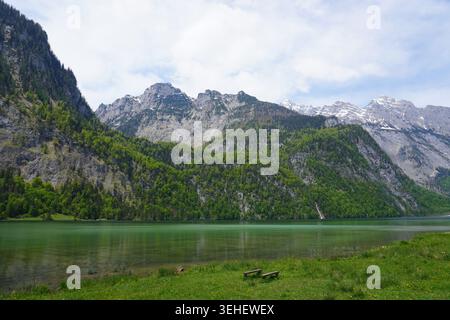 Tranquil alpine lake surrounded by lush green forests and towering rocky mountains under a soft cloudy sky. Stock Photo