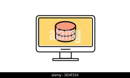 Desktop computer database and data management icon: PC workstation with database cylinder on screen, modern black line art with offset color fill vect Stock Vector