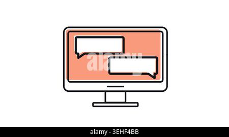 Desktop computer online chat icon: PC workstation displaying two speech bubbles on screen Stock Vector