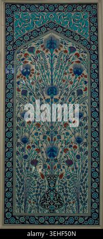 ISTANBUL, Türkiye - April 30, 2026.A ceramic tile panel displays a Tree of Life with flowers in blue, green, and orange colors. Stock Photo