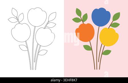 Set of flowers coloring page and colored illustration, cute bouquet of tulips for kids, simple vector drawing for children activity Stock Vector