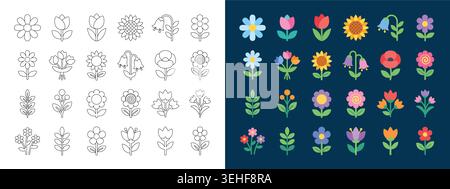 Set of flower icons, including outline and flat color styles, featuring various floral designs for garden, nature, and springthemed projects Stock Vector