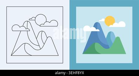 Minimalist mountain landscape illustration with sun and clouds, flat vector design Stock Vector