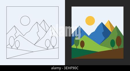 Vector illustration of a landscape with mountains, sun, and trees, showing a line art version and a colored version side by side Stock Vector