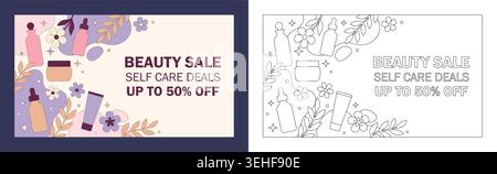 Beauty sale banner with cosmetic products, skincare bottles, cream jar, and floral elements vector illustration for self care promotion Stock Vector