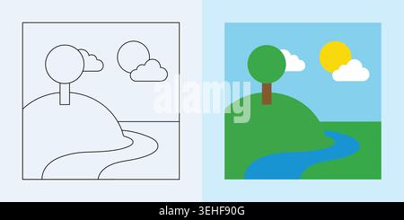 Simple landscape illustration with a tree on a hill, a river, and a sun in the sky Stock Vector