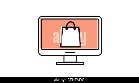 Online retail and shopping bag computer icon: desktop PC workstation displaying paper bag on screen, modern black line art with offset color fill vect Stock Vector