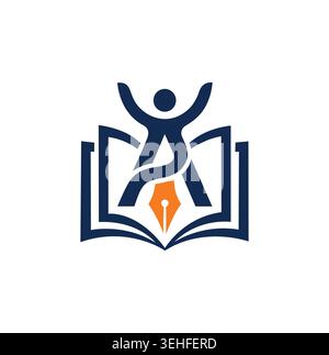 Modern professional educational logo with a happy student and pen nib. Stock Vector