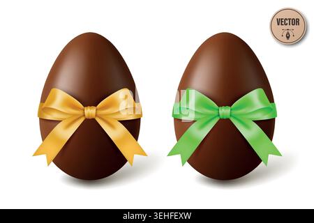 Vector 3d Chocolate Easter Eggs with Yellow and Green Satin Bows, Isolated. Sweet Holiday Gift Illustration. Festive Spring Dessert Decoration. Candy Stock Vector
