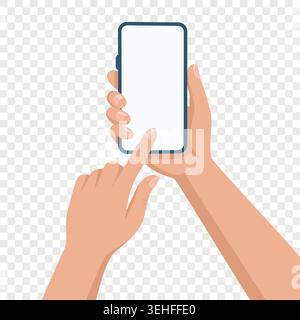 Hands Holding Smartphone with Finger Touching Screen, Vector Illustration. Mobile Phone UI Gesture. Touchscreen Interaction Concept. App Interface Stock Vector