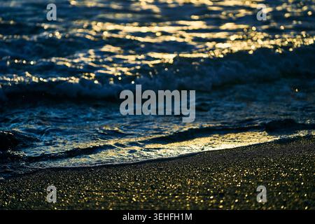 Gentle ocean waves breaking on a dark sandy beach, reflecting golden sunlight during sunset, creating a tranquil atmosphere Stock Photo