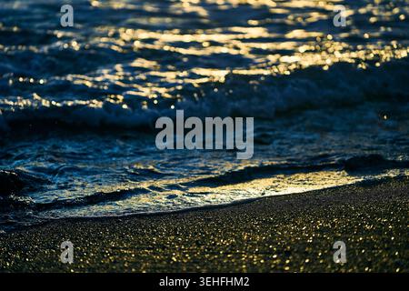 Gentle ocean waves breaking on a dark sandy beach, reflecting golden sunlight during sunset, creating a tranquil atmosphere Stock Photo