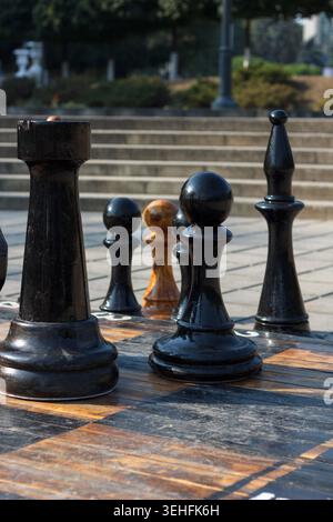 A close-up view of a chessboard with black and one brown chess piece. Pieces are arranged on a wooden board in an outdoor setting Stock Photo