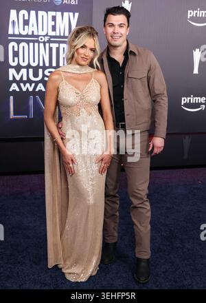 PARADISE, LAS VEGAS, NEVADA, USA - MAY 17: Mackenzie Carpenter wearing Elie Saab Resort 2026 and Cole Neuber arrive at the 61st Annual Academy Of Country Music (ACM) Awards held at the MGM Grand Garden Arena on May 17, 2026 in Paradise, Las Vegas, Nevada, United States. (Photo by Xavier Collin/Image Press Agency) Stock Photo
