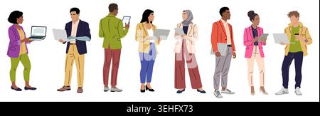 Set of Diverse business people uses laptops Stock Vector