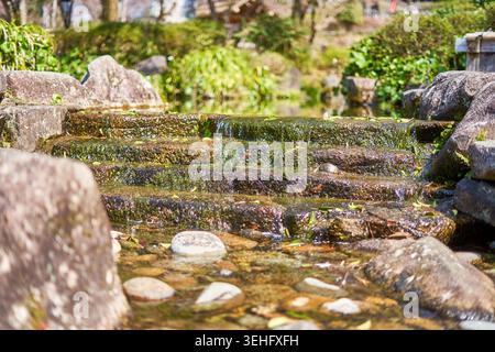 A serene close-up view of a small waterfall cascading over moss-covered stone steps in a traditional Japanese garden. Clear water flows gently down Stock Photo
