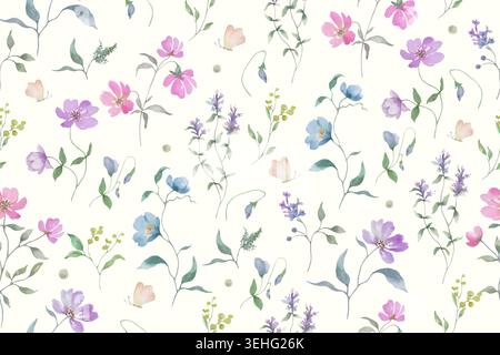 Watercolor Wildflower Seamless Pattern, Hand-Painted Floral Background with Meadow Flowers, Butterflies and Greenery for Fabric and Wallpaper. Vector. Stock Vector