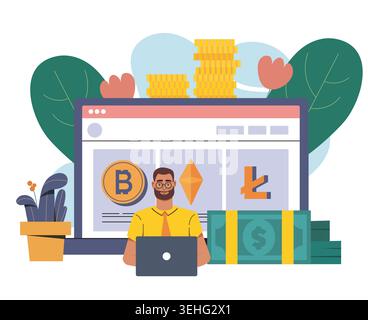 Crypto trader at laptop. Vector illustration Stock Vector