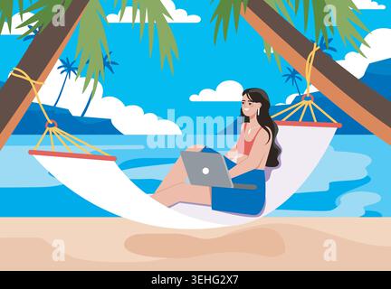 Woman working on beach hammock. Vector illustration Stock Vector