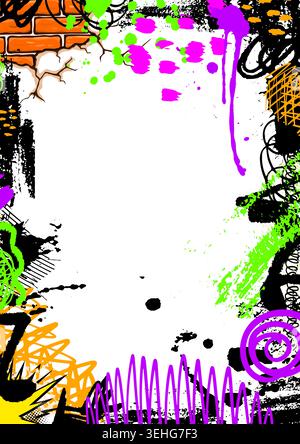 Grunge vibrant colorful frame templates featuring doodles, spray paint, and ink drops. A set of graffiti art backgrounds with abstract street art Stock Vector