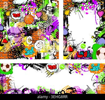 A set of trendy street youth frames with graffiti. Seamless graffiti sports background . Hand drawn. Not AI, vector illustration. Stock Vector