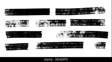 A set of black paint brush strokes with rough, textured lines, forming a grungy collection of hand-drawn dry ink brush marks. Stock Photo