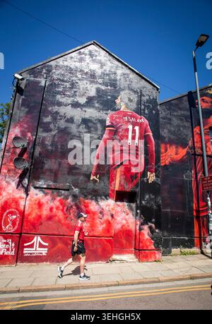 A mural paying tribute to Mohamed Salah has been unveiled near Anfield.  The giant artwork – created by local artist John Culshaw – has been erected on Anfield Road, opposite the King Harry pub.  It features two iconic celebrations from the Egyptian’s Liverpool career to date.  Salah was selected by fans to be the focus of the mural following a poll held by supporters group Spion Kop 1906. Stock Photo