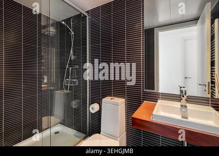 Modern bathroom with a glass shower, sleek sink, and dark tiled walls. The space is well-lit and features contemporary design elements. Stock Photo