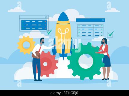 Startup launch teamwork. Vector illustration Stock Vector
