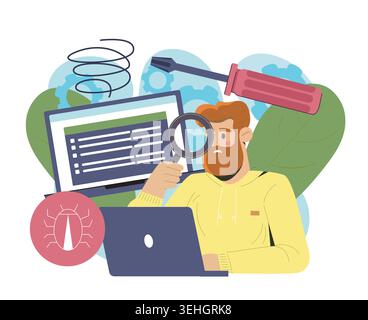 Developer debugging scene. Vector illustration Stock Vector