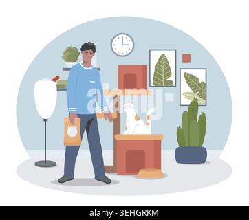 Man Feeding Cat Indoors. Vector illustration Stock Vector