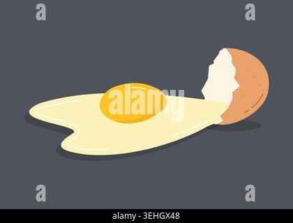 A minimalist flat vector design of a broken egg on a dark background, showcasing a spilled liquid white, an intact yellow yolk, and a cracked shell. Stock Vector