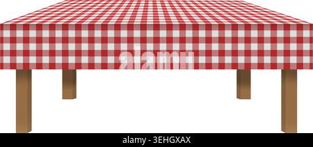 Empty cafe or kitchen table with red and white vichy tabletop in perspective. Element of furniture for Italian pizzeria restaurant. Picnic, street breakfast or dinner concept. Vector illustration. Stock Vector