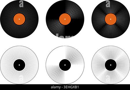 Set of vinyl plates. LP music records for gramophone player isolated on white background. DJ discs for techno party. 70s 80s 90s discotheque nostalgia concept. Vector flat illustration. Stock Vector