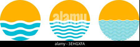 Set of yellow semicircle shapes and blue wavy lines isolated on white background. Sun and sea silhouettes. Sunrise or sunset concept. Simple design element. Vector flat illustration. Stock Vector