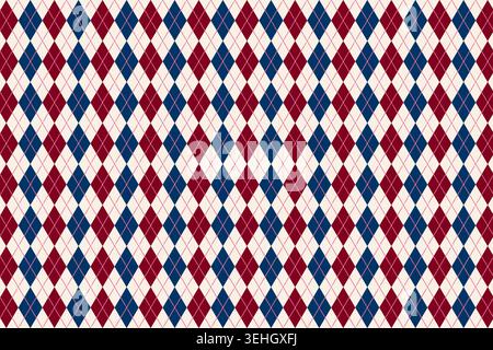 Traditional argyle pattern with red and blue rhombus shapes. Diamond print for sweater, plaid or wrapping paper. Harlequin cloth print. Circus wallpaper. Geometric background. Vector illustration. Stock Vector