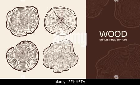 Hand drawn tree ring pattern abstract line art set. Wood cross section textures, annual rings, stump slices. Linear wooden designs for banners, prints decor. Tree trunk in section vector illustration Stock Vector