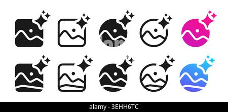 Icons for Improving image with AI sparkle set. Artificial intelligence symbols with star magic glitter effects starburst photo signs. Machine learning symbols UI UX app tech design vector elements Stock Vector