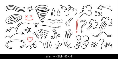 Hand drawn comic doodle element set. Cartoon emoji arrows, speed lines shock emotions, shapes, line swirl anime expression marks. Sketch motion effects for children graphic design. Vector illustration Stock Vector