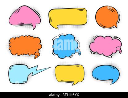 Pop art comic speech bubble colorful set. Retro dialog clouds, thought blobs, explosion effects wow, bang, expressions. Vintage 80s 90s cartoon stickers for prints. Vector communication illustration Stock Vector