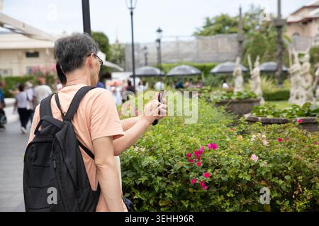 Male tourist with backpackers reviewing photos on smartphone together, mobile technology photography during travel, close up Stock Photo