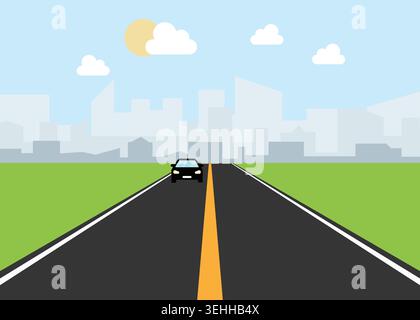 Flat vector illustration of a long highway road leading toward a modern city skyline with clean geometric style and minimalist design. Stock Vector