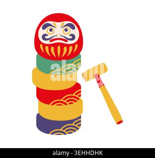 Japanese New Year daruma otoshi game icon with daruma doll perched on stacked multicolored rings beside a wooden mallet. Festive cultural Asian charm. Symbol of celebration, tradition and good luck Stock Vector