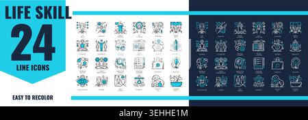 Life skill icons set. Personal abilities linear icons, people life, public and social skills outline pictograms with man in suit characters, cog wheels and different tools and attributes blue signs Stock Vector