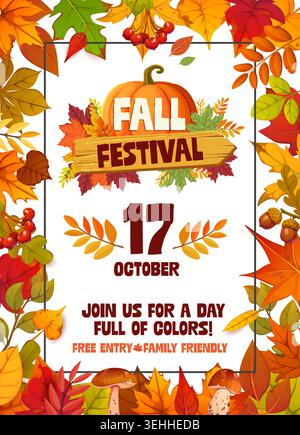 Autumn fall festival party flyer with pumpkin harvest season holiday, vector invitation poster. Autumn party flyer for family picnic celebration with frame of maple leaves, oak acorns and mushrooms Stock Vector