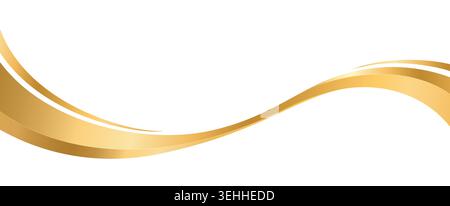 Golden stripe wave flow of gold curve swoosh line on white background. Golden stripe wave or wavy ribbon swirl with shiny gold metal foil motion effect and color gradient for luxury premium border Stock Vector