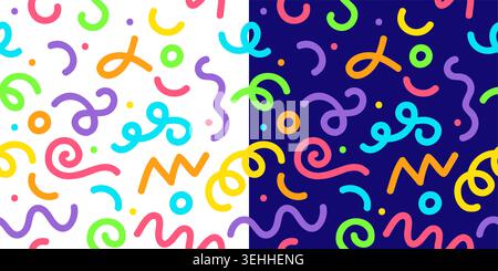 Fun squiggle seamless pattern background, abstract shapes kids holiday bg. Kids party colorful lines wrapping paper print, birthday holiday textile backdrop. Squiggle festive seamless background Stock Vector