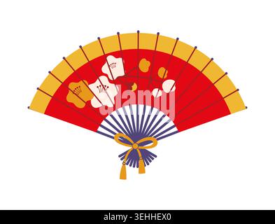 Traditional Japanese folding fan with festive New Year decor. Vibrant red fan adorned with white and gold plum blossom patterns, decorative gold ribbon and tassels. Paper folding fan for greeting card Stock Vector